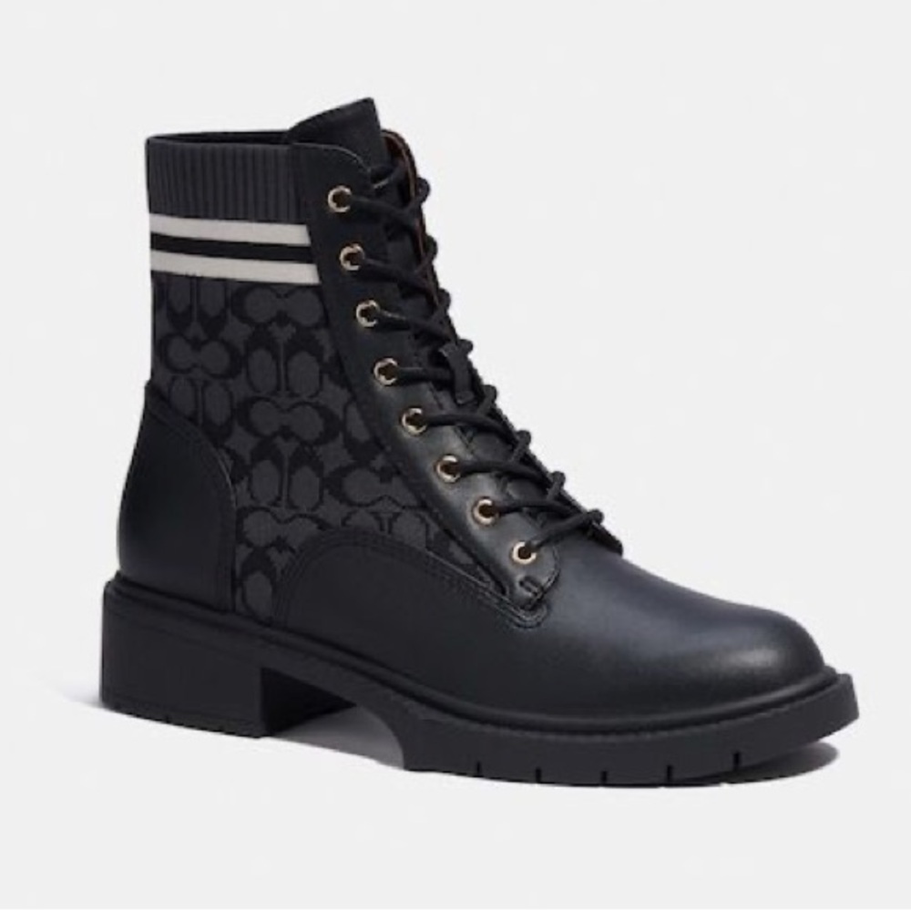 Coach Black Livia Combat Boot in Signature Jacquard | NWT